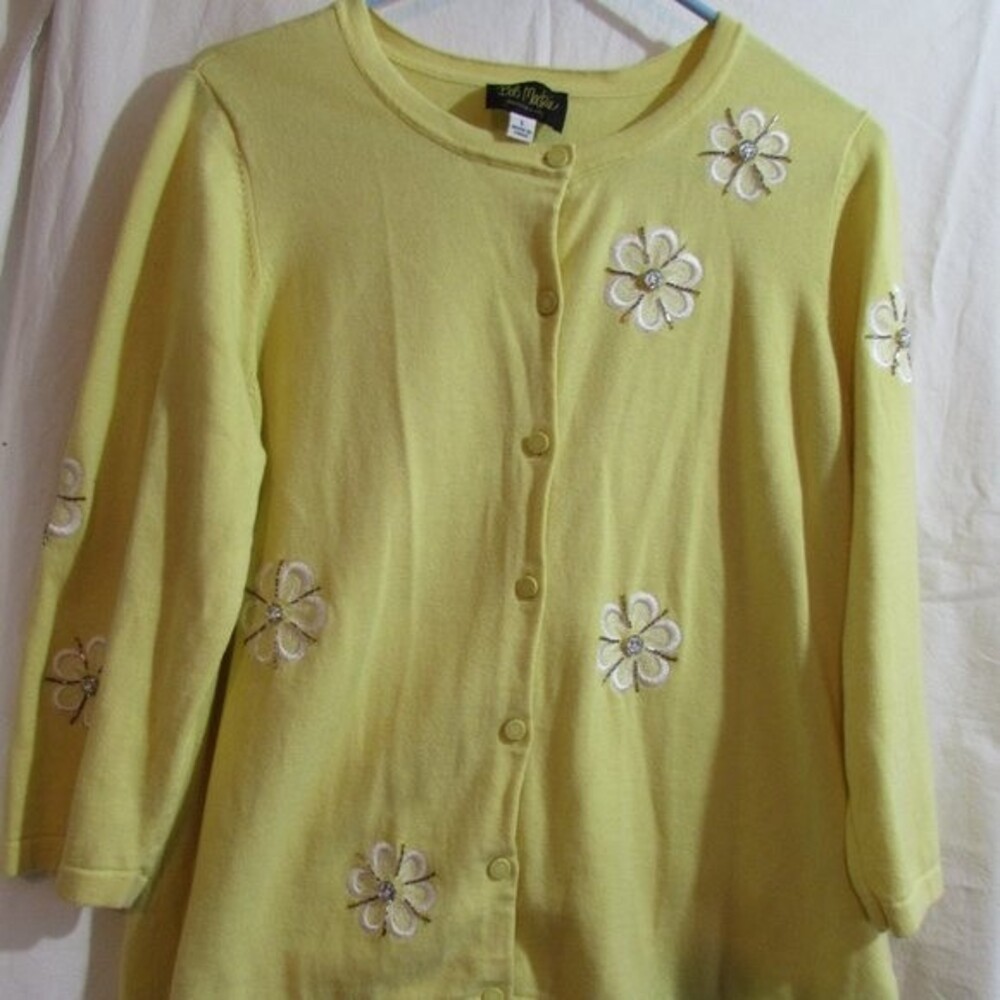 BOB MACKIE WEARABLE ART SIZE L LIGHTWEIGHT CARDIGAN SWEATER YELLOW FLOWERS